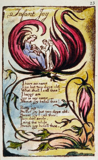 「Innant Joy」、「Songs of Innocence and of Experience [Bentley 25] c.1789-94のプレート23（レリーフエッチングは、ペンとインクとトイレタックを使ってダークブラウンで印刷されています） 作： William Blake